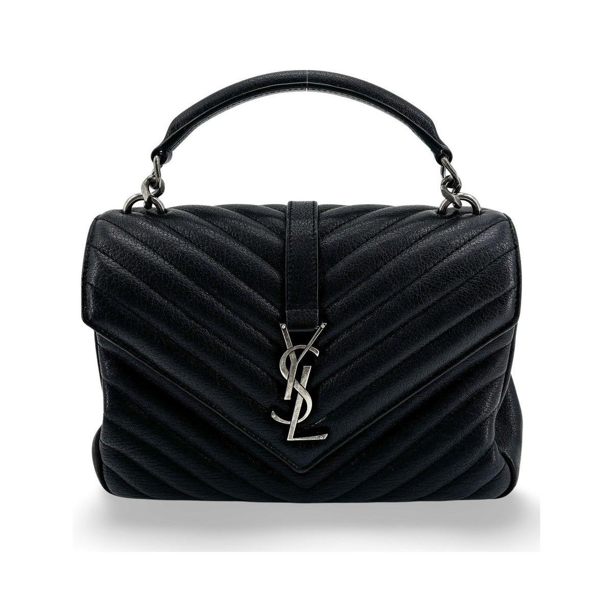 Saint Laurent Classic Monogram College Matelasse Chevron Leather, Black, Leather, Handbag