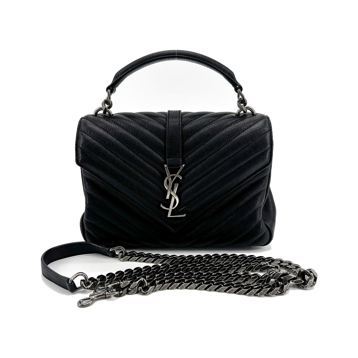 Saint Laurent Classic Monogram College Matelasse Chevron Leather, Black, Leather, Handbag