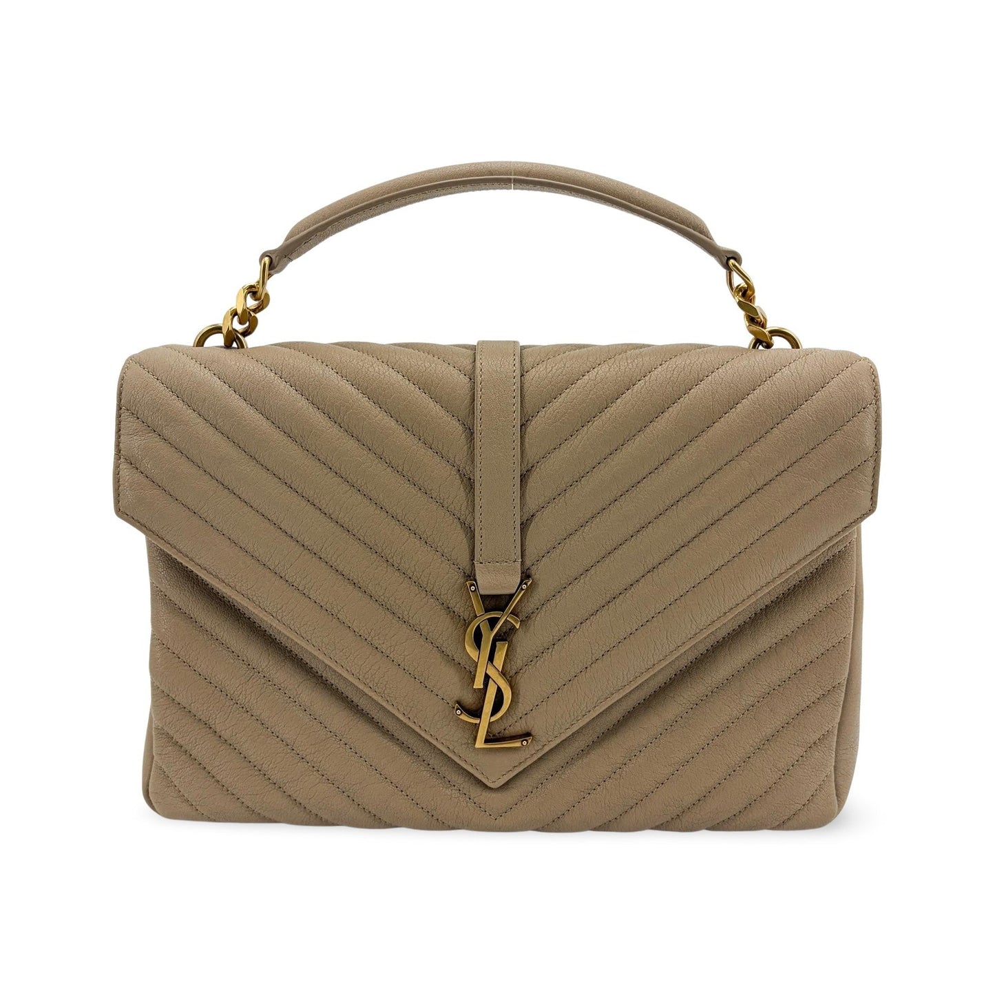 Saint Laurent Classic Monogram College Matelasse Chevron Leather, Beige, Leather, Handbag