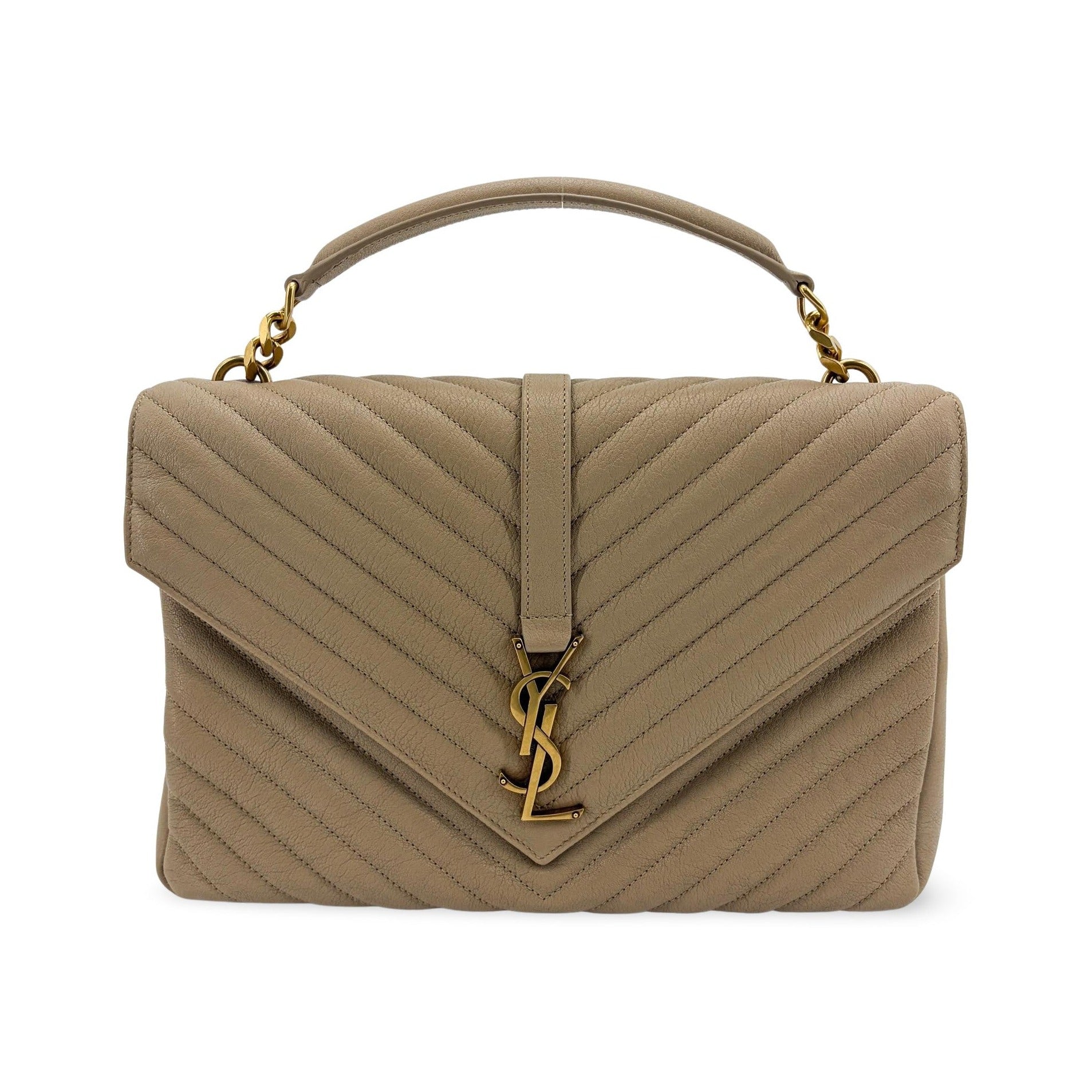 Saint Laurent Classic Monogram College Matelasse Chevron Leather, Beige, Leather, Handbag