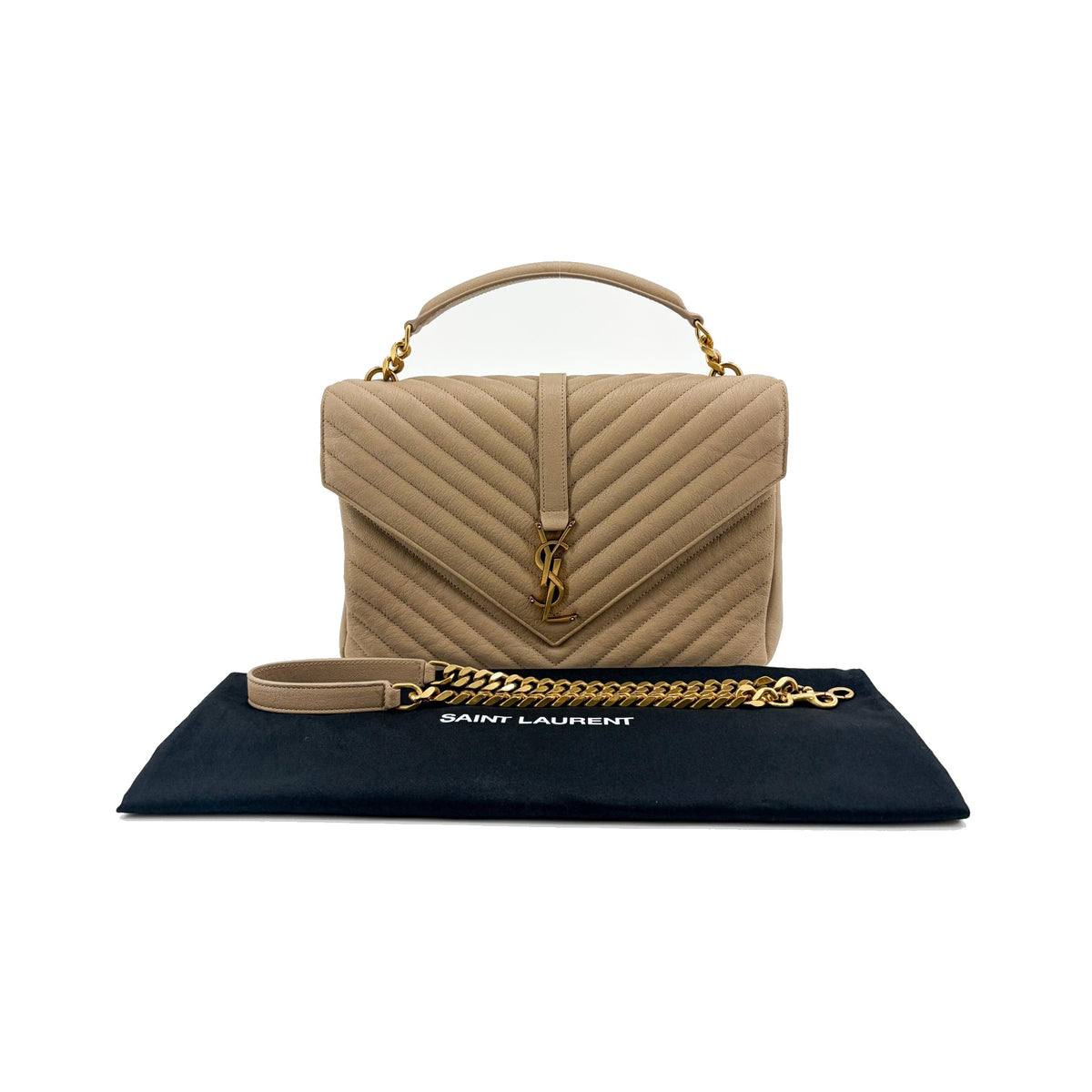 Saint Laurent Classic Monogram College Matelasse Chevron Leather, Beige, Leather, Handbag