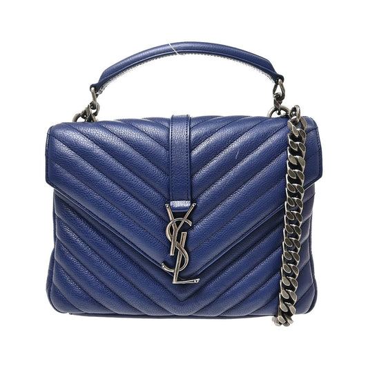 Saint Laurent Classic Monogram College Matelasse Chevron Leather, Blue, Leather, Handbag