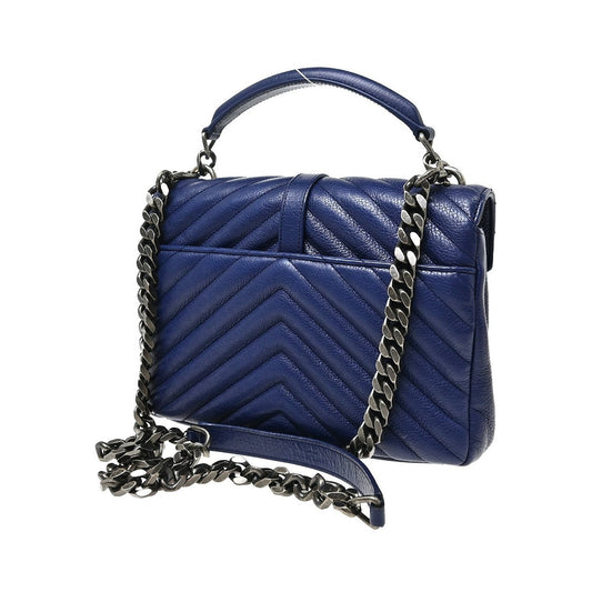Saint Laurent Classic Monogram College Matelasse Chevron Leather, Blue, Leather, Handbag