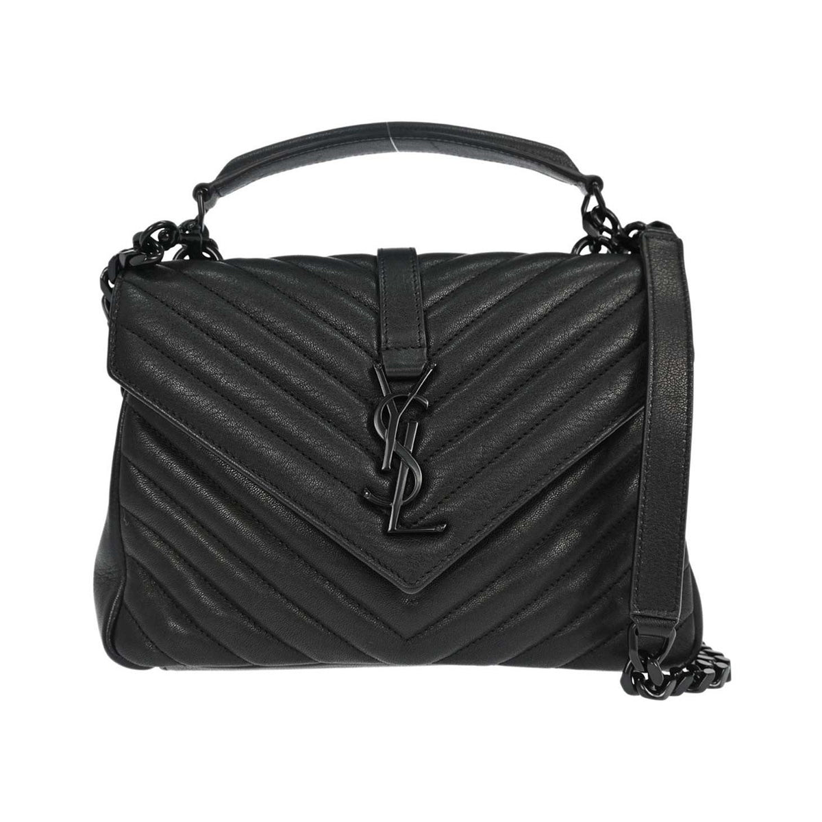 Saint Laurent Classic Monogram College Matelasse Chevron Leather, Black, Leather, Handbag
