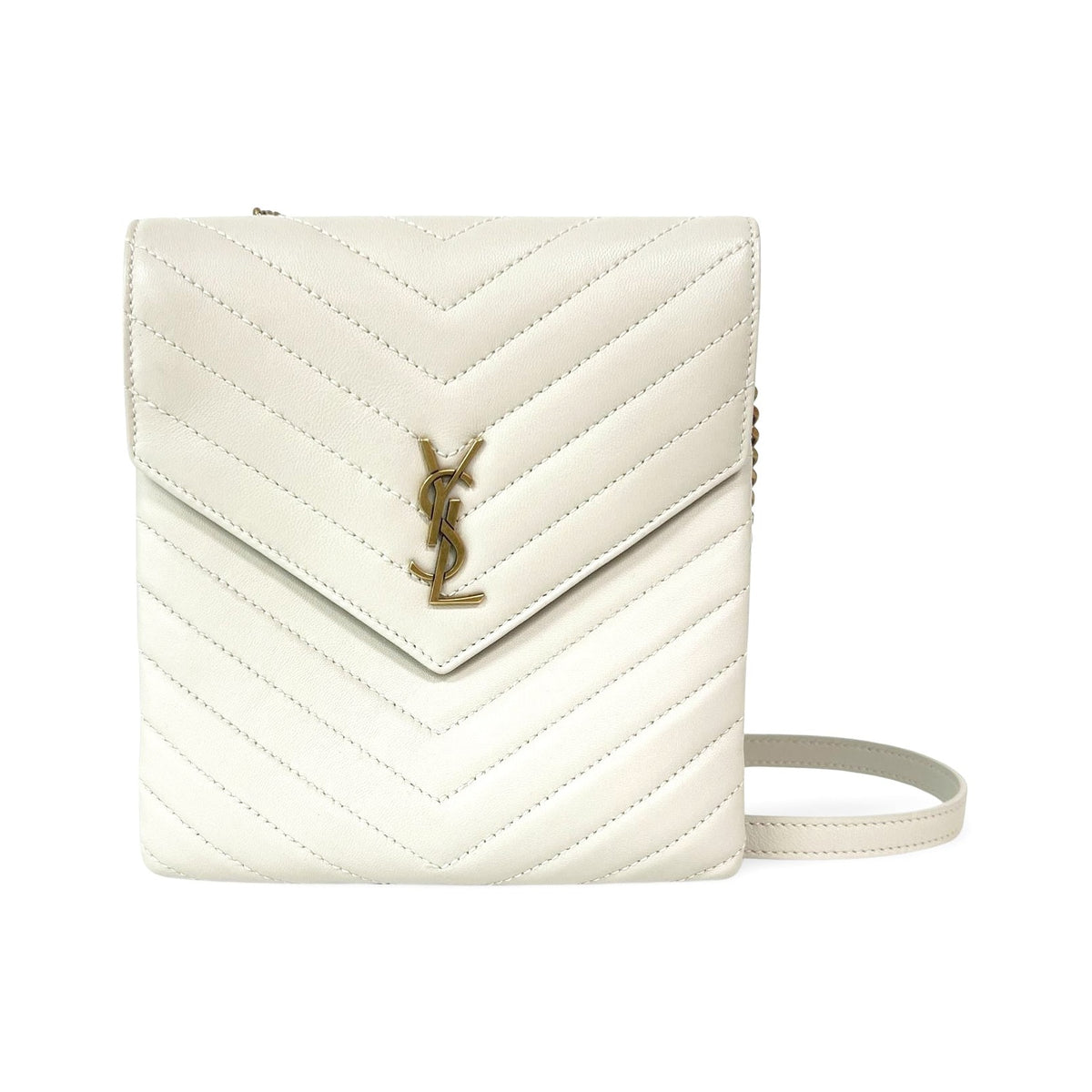 Saint Laurent Classic Monogram Phone Holder Crocodile Embossed Leather, Beige, Leather, Shoulder Bag