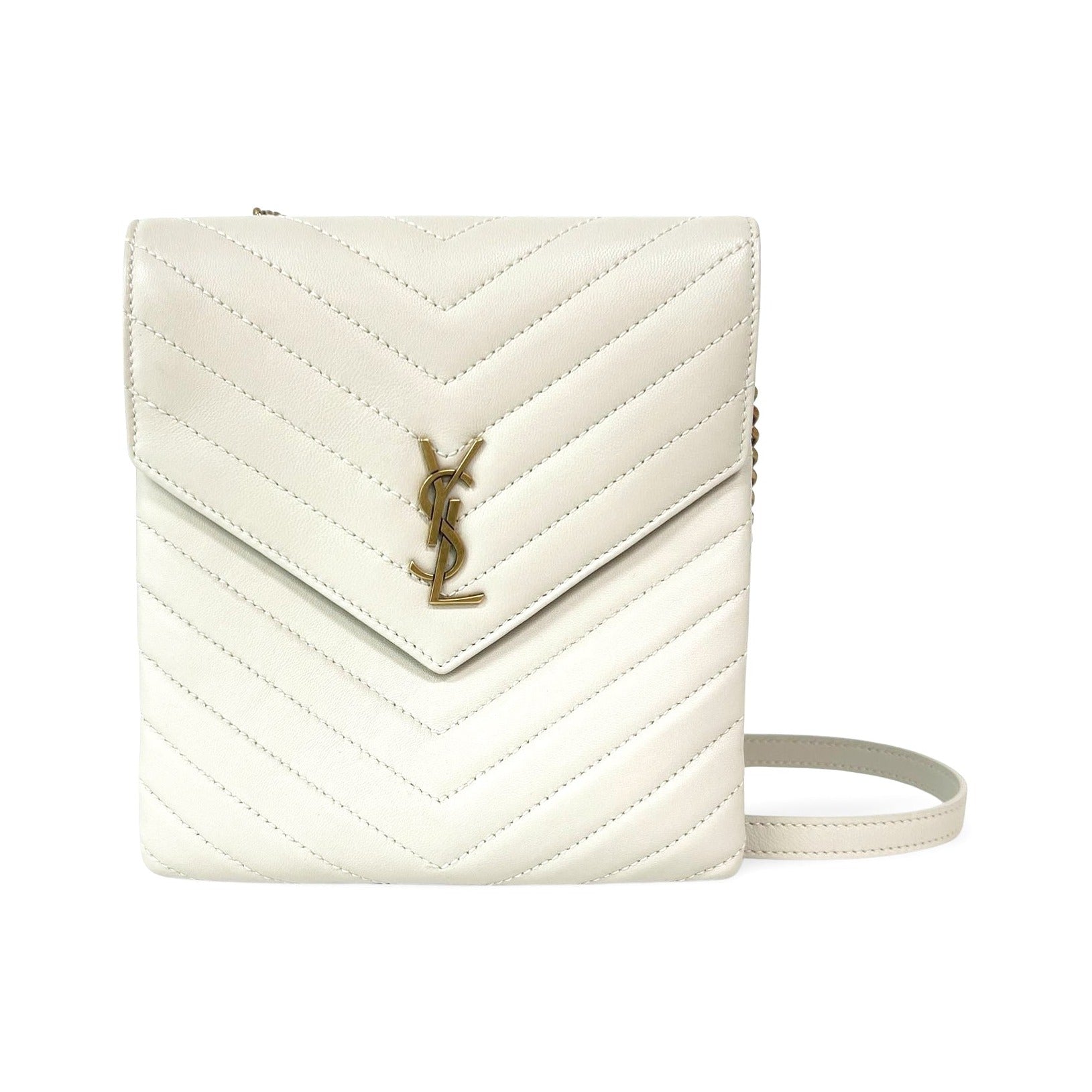Saint Laurent Classic Monogram Phone Holder Crocodile Embossed Leather, Beige, Leather, Shoulder Bag