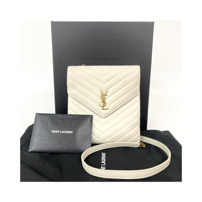 Saint Laurent Classic Monogram Phone Holder Crocodile Embossed Leather, Beige, Leather, Shoulder Bag