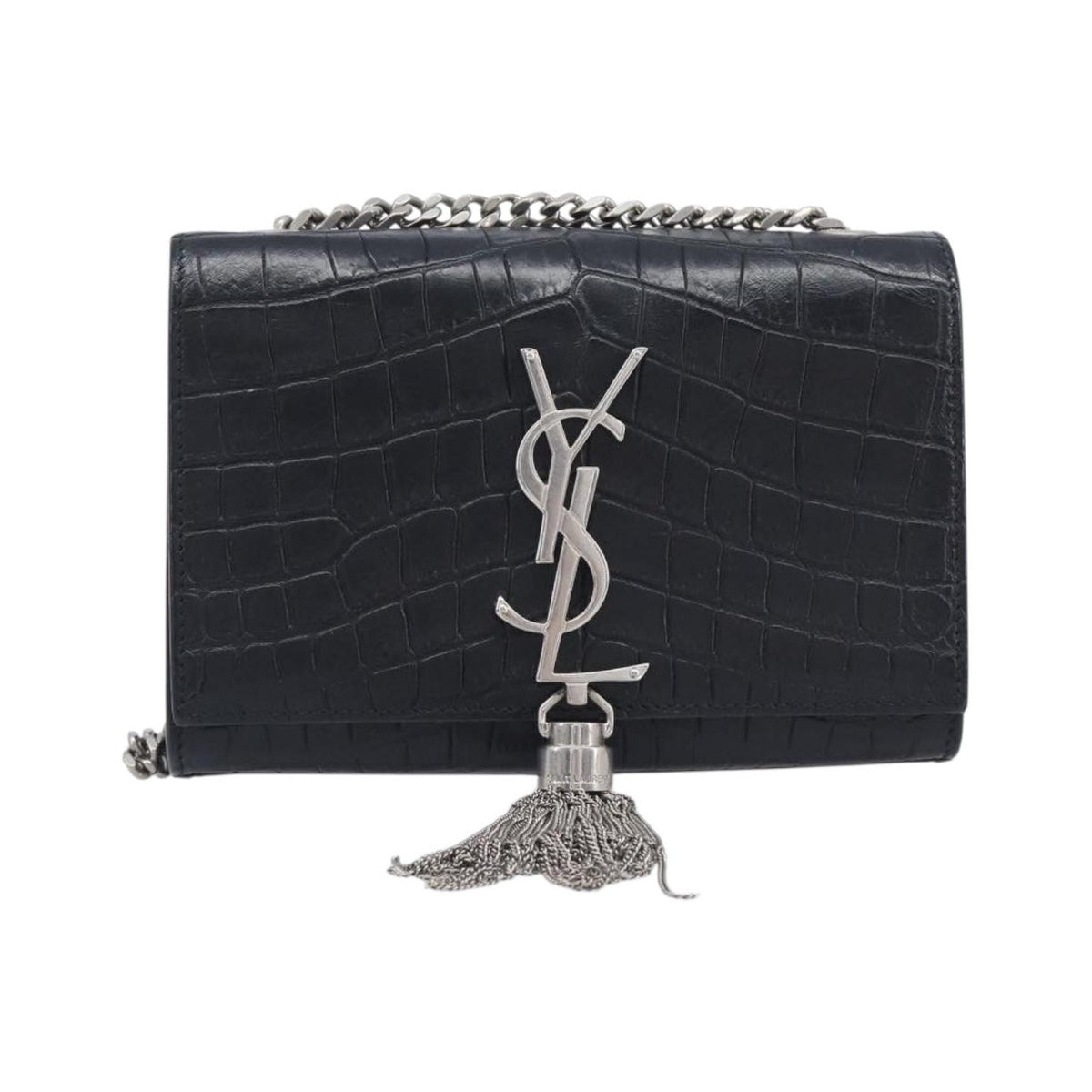 Saint Laurent Classic Monogram Tassel Chain Crocodile Embossed Leather, Black, Leather, Crossbody Bag