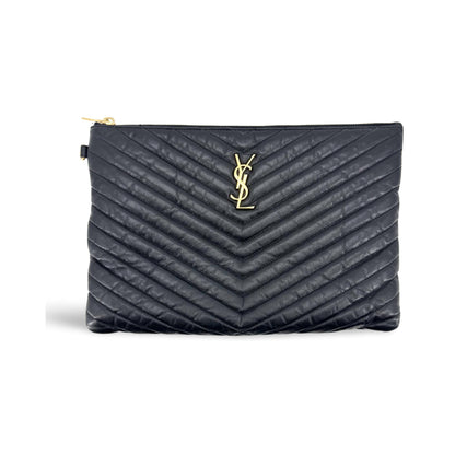 Saint Laurent Classic Monogram Wristlet Matelasse Chevron Leather, Black, Leather, Clutch