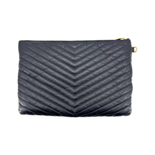 Saint Laurent Classic Monogram Wristlet Matelasse Chevron Leather, Black, Leather, Clutch