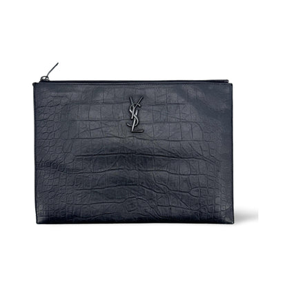 Saint Laurent Classic Monogram Zip Crocodile Embossed Leather, Black, Leather, Clutch