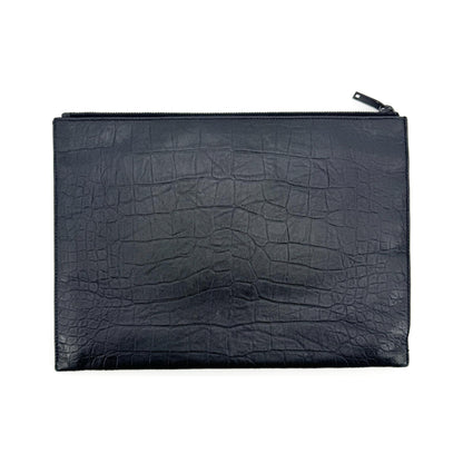 Saint Laurent Classic Monogram Zip Crocodile Embossed Leather, Black, Leather, Clutch