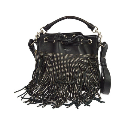 Saint Laurent Fringe Emmanuelle Bucket Studded Leather, Black, Leather, Handbag