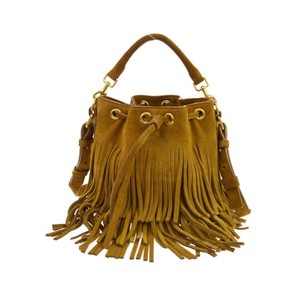 Saint Laurent Fringe Emmanuelle Bucket Suede, Brown, Suede, Handbag