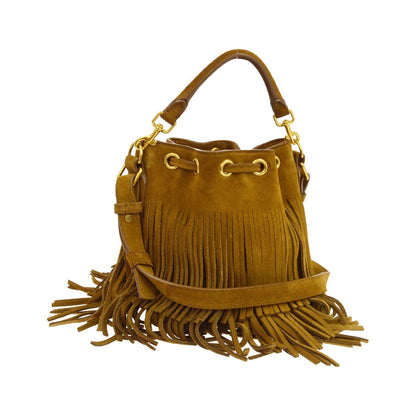 Saint Laurent Fringe Emmanuelle Bucket Suede, Brown, Suede, Handbag