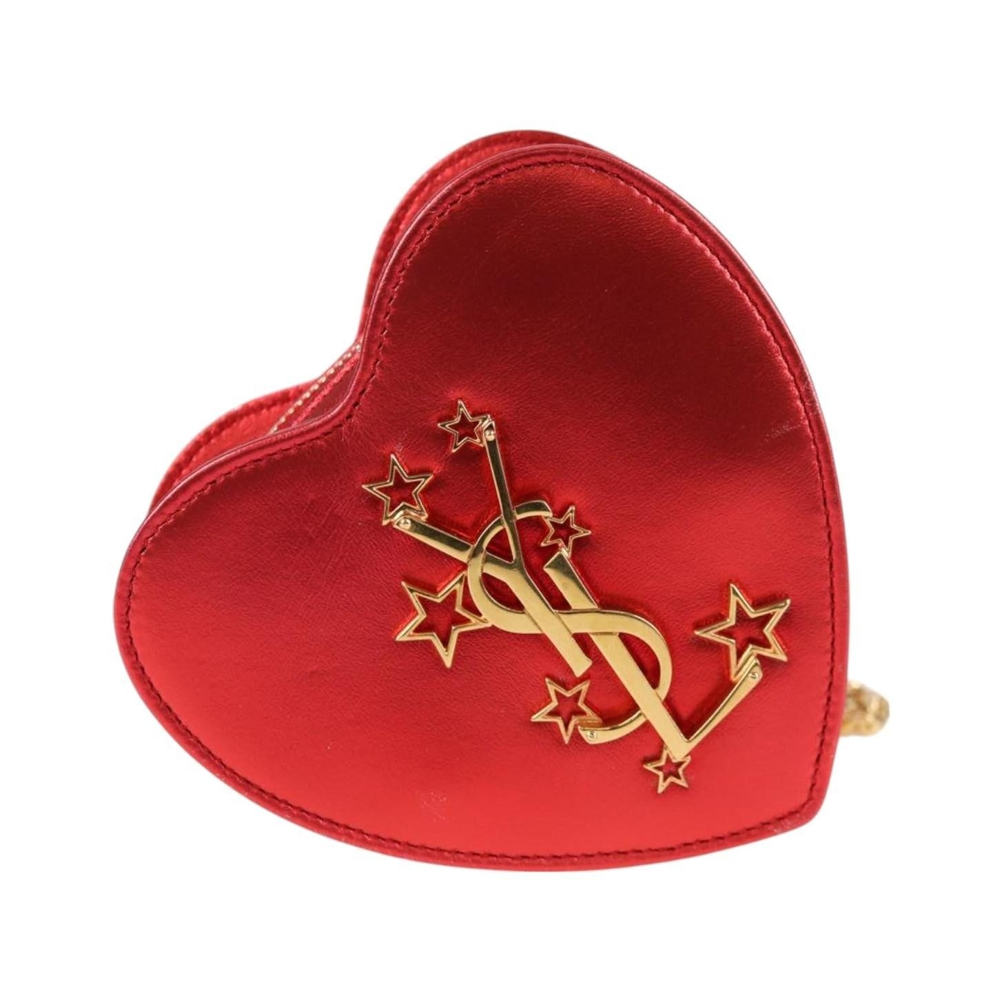 Saint Laurent Love Heart Chain Leather, Red, Leather, Shoulder Bag