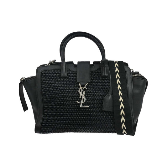 Saint Laurent Monogram Cabas Downtown Raffia and Leather, Black, Leather, Tote Bag