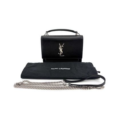 Saint Laurent Sunset Crossbody Bag Crackled Metallic Leather, Black, Leather, Crossbody Bag