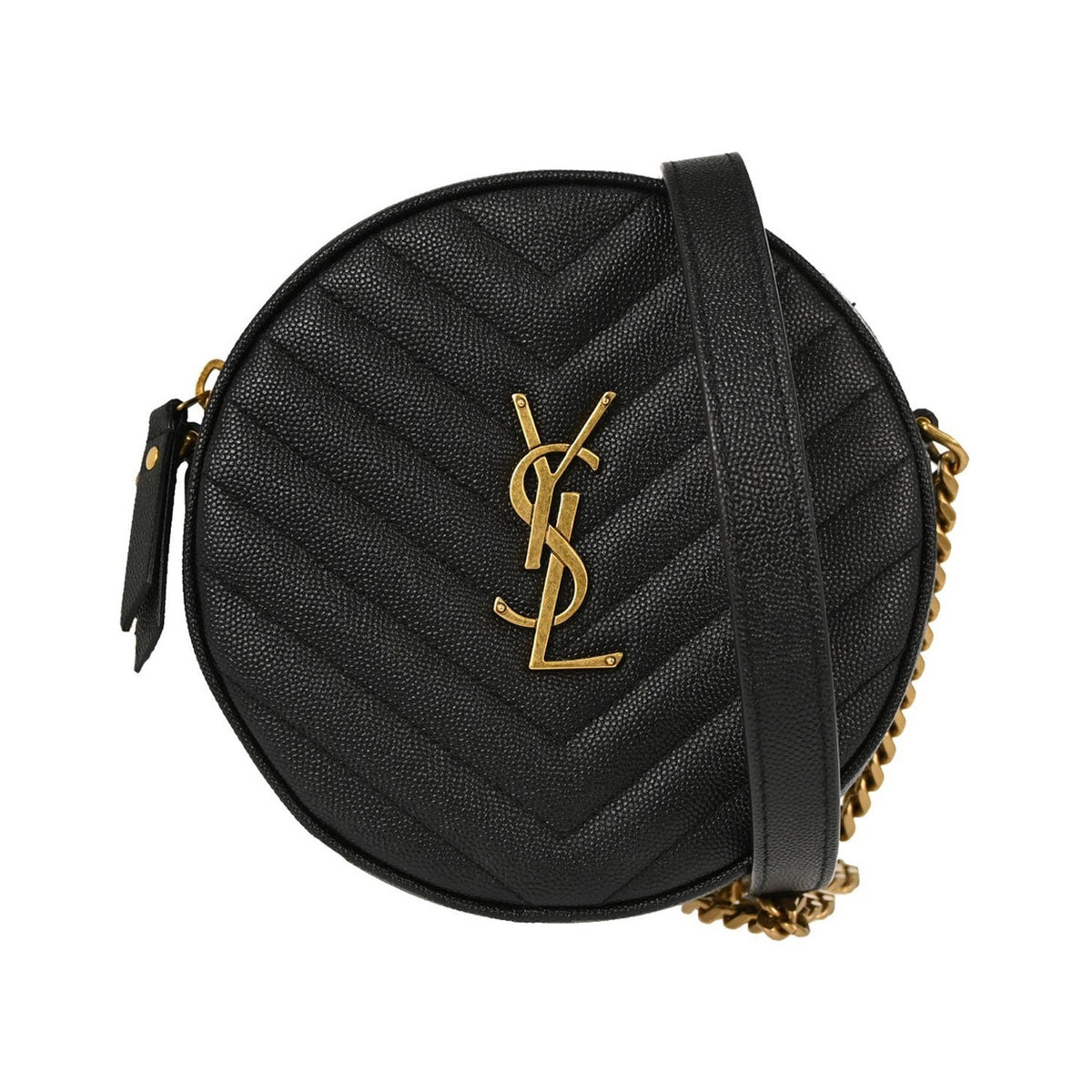 Saint Laurent Vinyle Round Belt Matelasse Chevron Leather, Black, Leather, Clutch