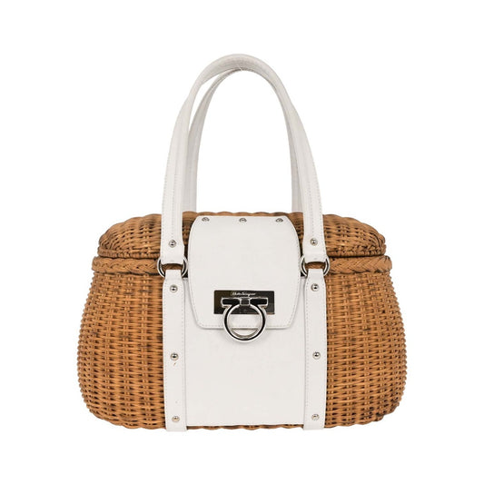 Salvatore Ferragamo Basket Gancini Leather and Wicker, White, Leather, Handbag
