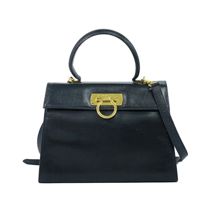 Salvatore Ferragamo Convertible Top Handle Leather, Navy, Leather, Handbag