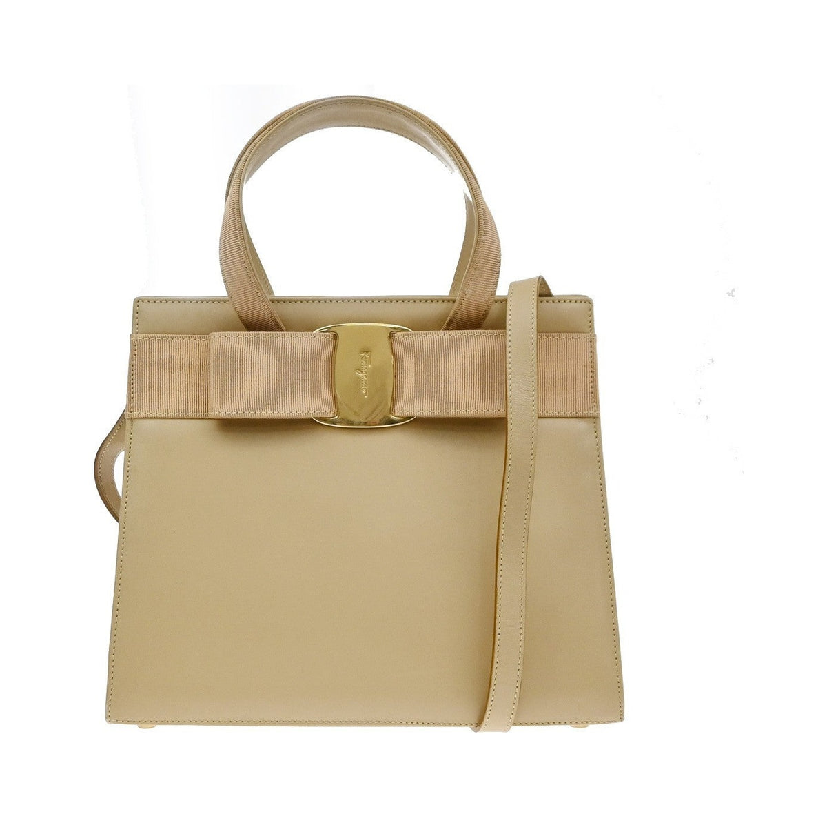 Salvatore Ferragamo Convertible Vara Bow Leather, Beige, Leather, Tote Bag