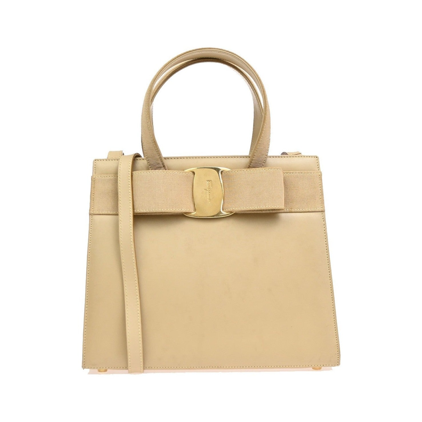 Salvatore Ferragamo Convertible Vara Bow Tote Leather, Beige, Leather, Handbag
