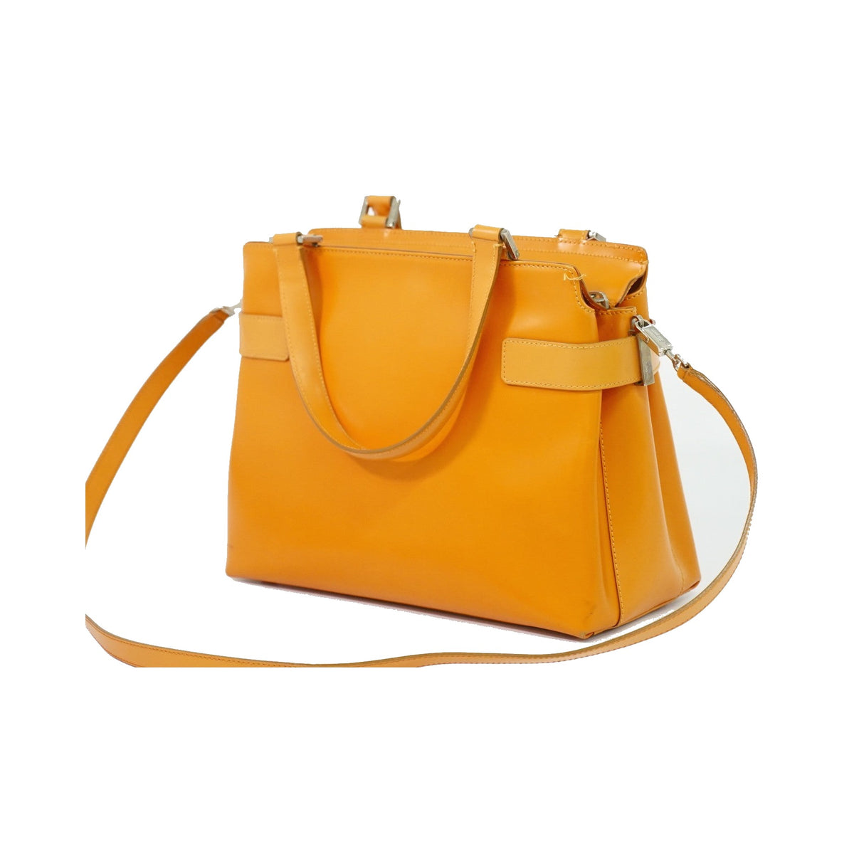 Salvatore Ferragamo Double Gancini Side Buckle Leather, Orange, Leather, Tote Bag