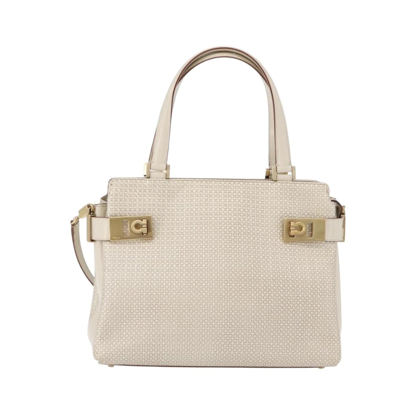 Salvatore Ferragamo Double Gancini Side Buckle Tote Leather, Beige, Leather, Handbag