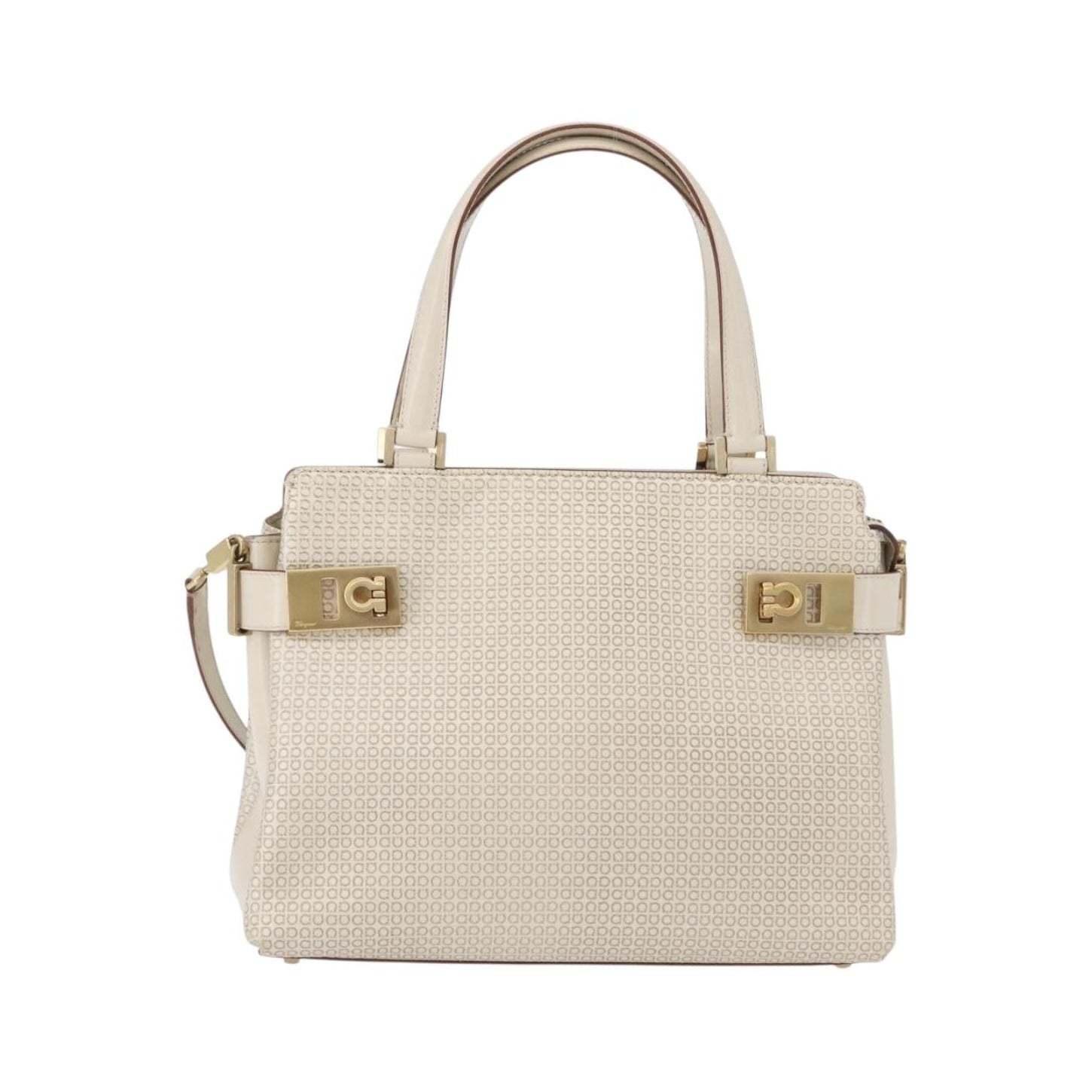 Salvatore Ferragamo Double Gancini Side Buckle Tote Leather, Beige, Leather, Handbag