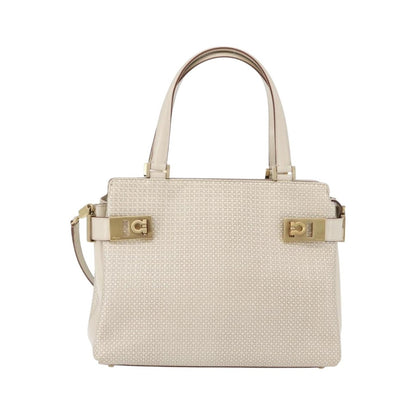 Salvatore Ferragamo Double Gancini Side Buckle Tote Leather, Beige, Leather, Handbag