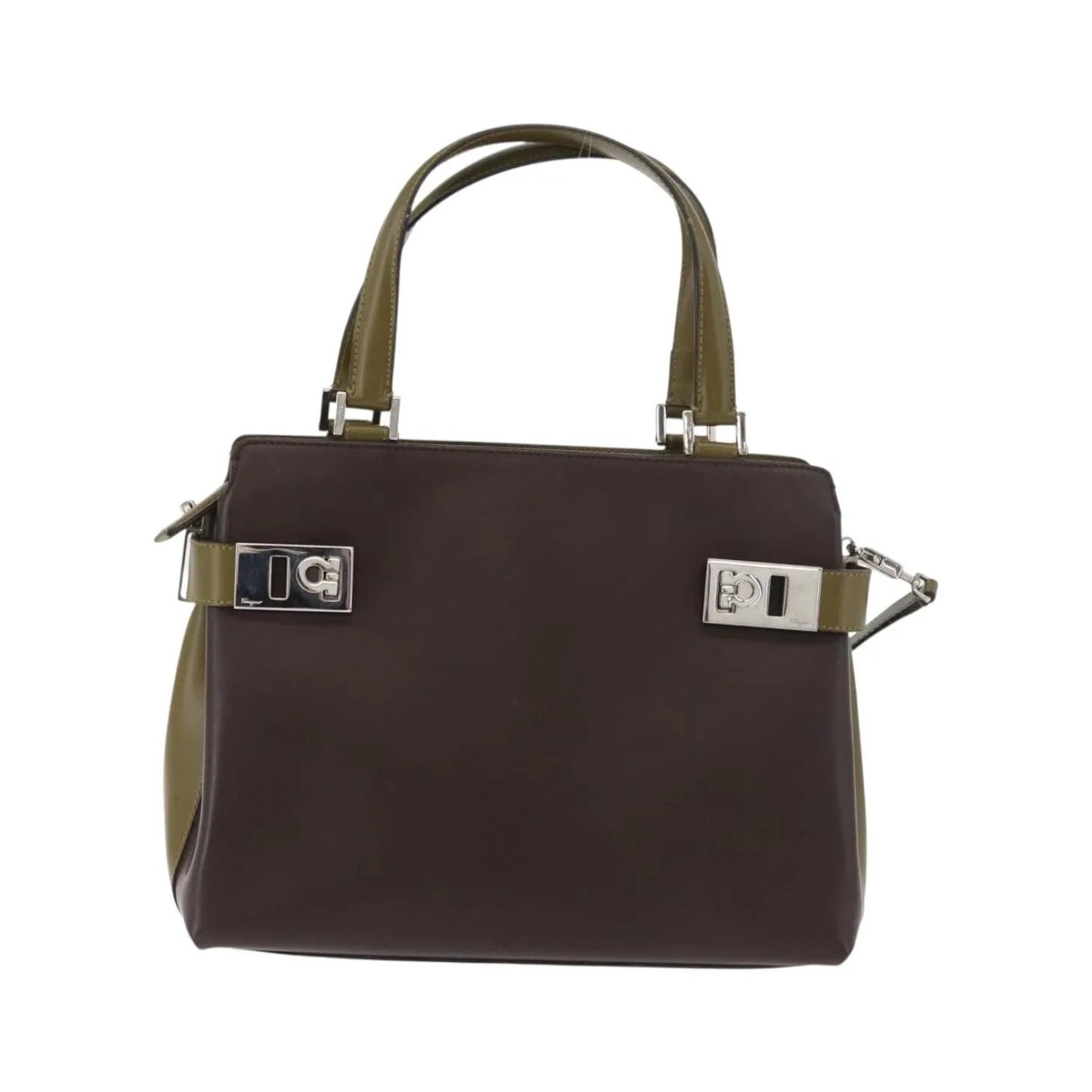 Salvatore Ferragamo Double Gancini Side Buckle Tote Patent Leather, Brown, Patent Leather, Handbag
