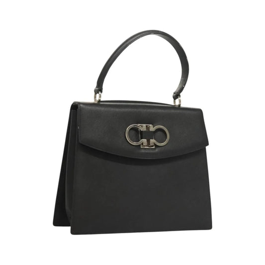 Salvatore Ferragamo Double Gancini Top Handle Saffiano Leather, Black, Leather, Handbag