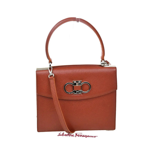 Salvatore Ferragamo Double Gancini Top Handle Saffiano Leather, Brown, Leather, Handbag