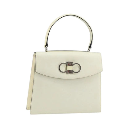 Salvatore Ferragamo Double Gancini Top Handle Saffiano Leather, White, Leather, Handbag