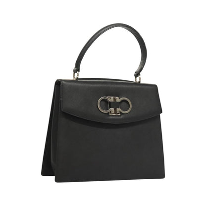 Salvatore Ferragamo Double Gancini Top Handle Saffiano Leather, Black, Leather, Handbag