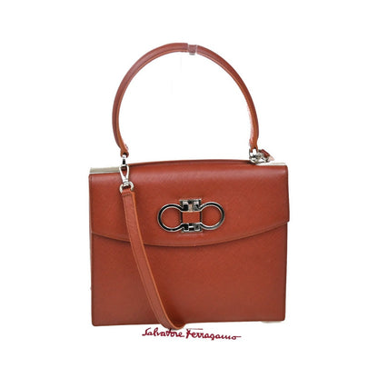 Salvatore Ferragamo Double Gancini Top Handle Saffiano Leather, Brown, Leather, Handbag