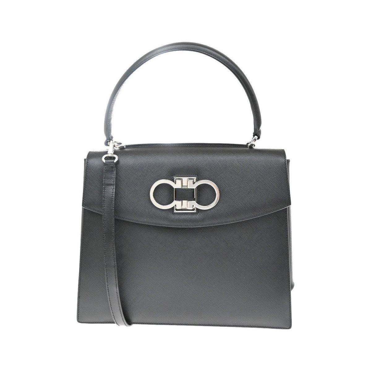 Salvatore Ferragamo Double Gancini Top Handle Saffiano Leather, Black, Leather, Handbag