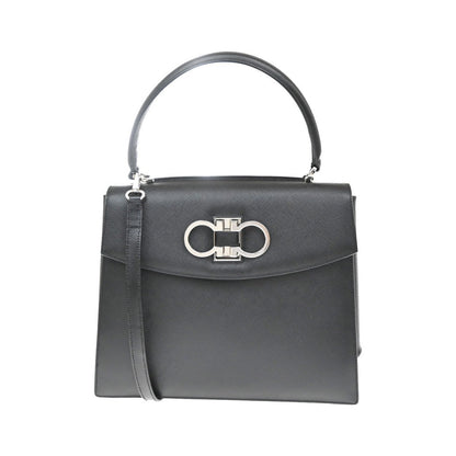 Salvatore Ferragamo Double Gancini Top Handle Saffiano Leather, Black, Leather, Handbag