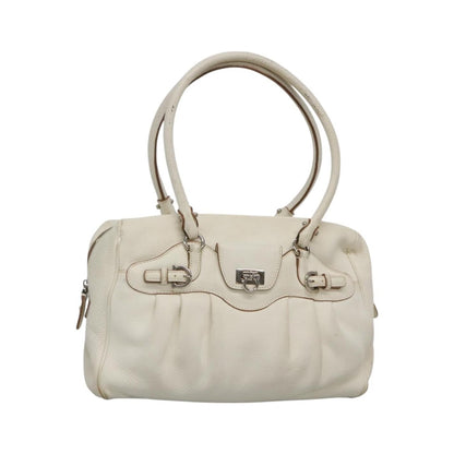 Salvatore Ferragamo Gancini Buckle Leather, White, Leather, Shoulder Bag