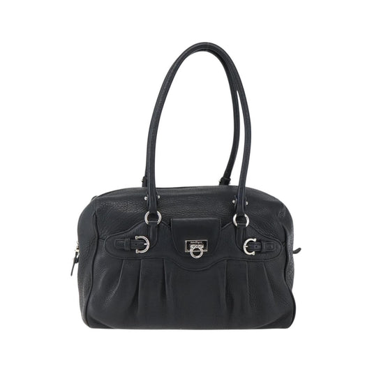 Salvatore Ferragamo Gancini Buckle Leather, Black, Leather, Shoulder Bag