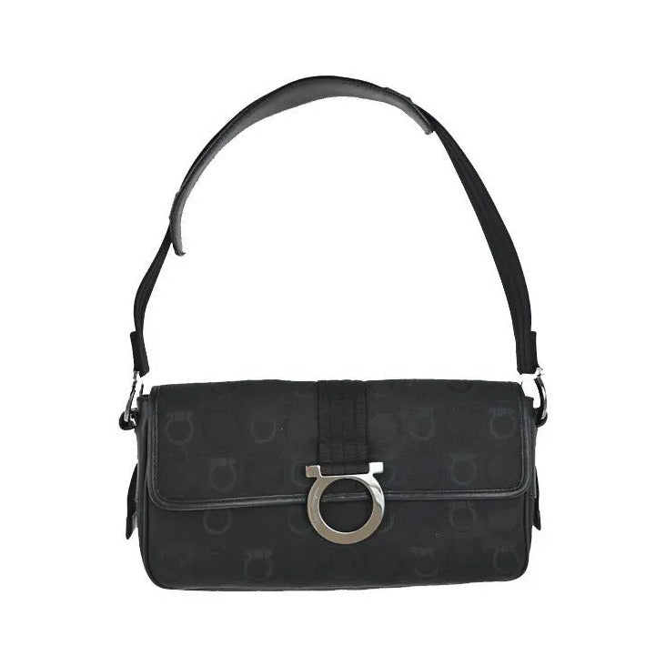 Salvatore Ferragamo Gancini Canvas, Black, Canvas, Shoulder Bag