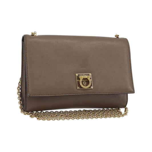 Salvatore Ferragamo Gancini Chain Leather, Gray, Leather, Shoulder Bag