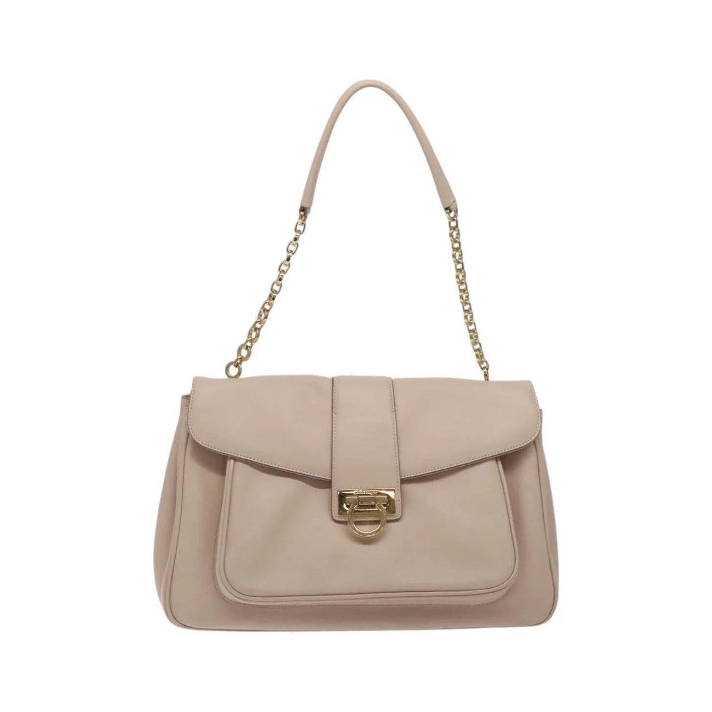 Salvatore Ferragamo Gancini Chain Leather, Beige, Leather, Shoulder Bag