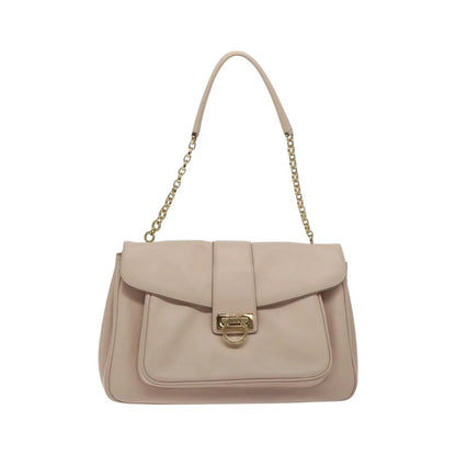 Salvatore Ferragamo Gancini Chain Leather, Beige, Leather, Shoulder Bag