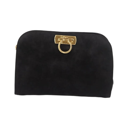 Salvatore Ferragamo Gancini Chain Suede, Black, Suede, Shoulder Bag