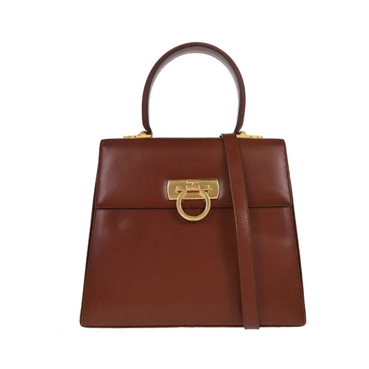 Salvatore Ferragamo Gancini Convertible Top Handle Leather, Brown, Leather, Handbag