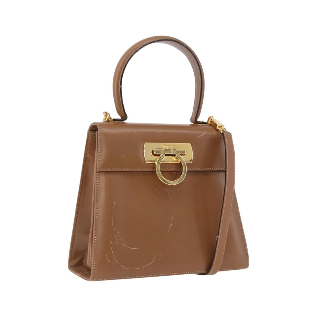 Salvatore Ferragamo Gancini Convertible Top Handle Leather, Brown, Leather, Handbag