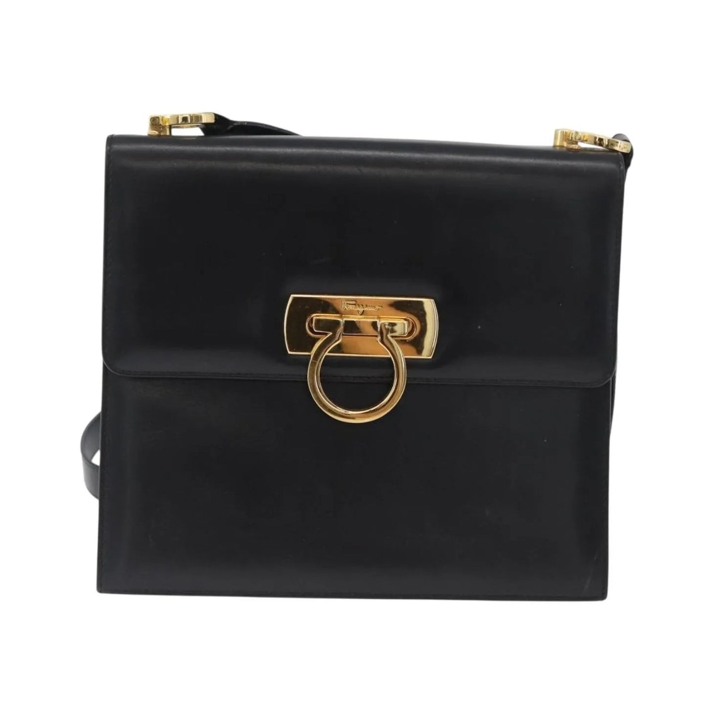 Salvatore Ferragamo Gancini Flap Leather, Black, Leather, Shoulder Bag