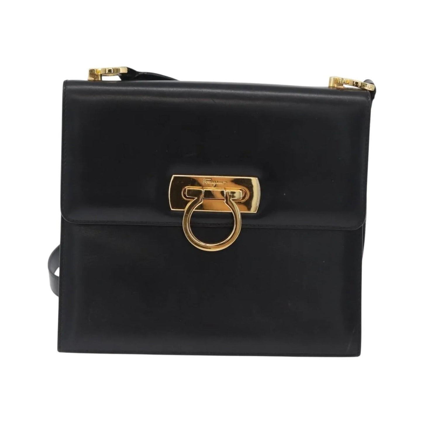 Salvatore Ferragamo Gancini Flap Leather, Black, Leather, Shoulder Bag